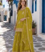mustard chinon semi stitched suit with embroidery & sequence work