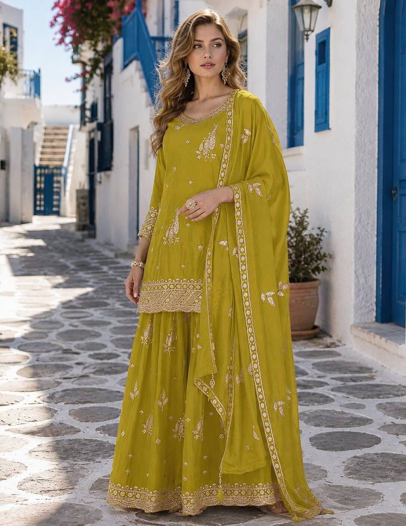 mustard chinon semi stitched suit with embroidery & sequence work