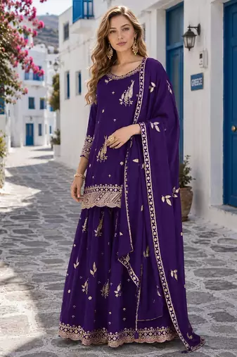 violet chinon semi stitched suit with embroidery & sequence work