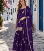violet chinon semi stitched suit with embroidery & sequence work