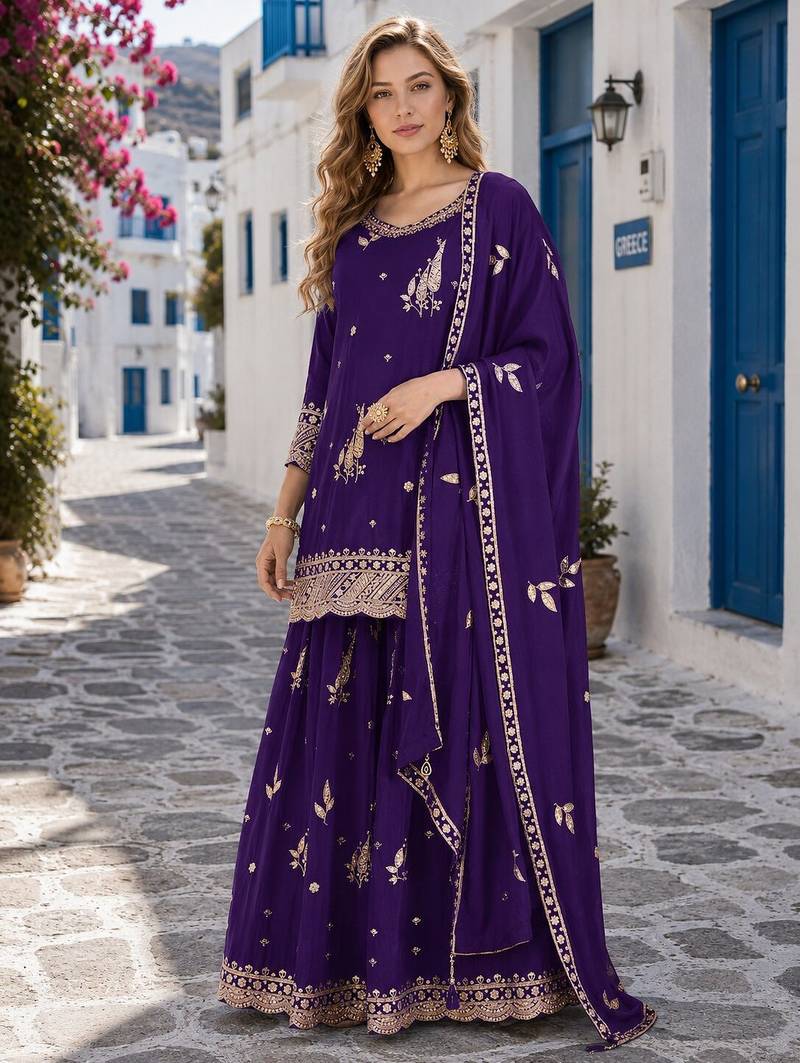 violet chinon semi stitched suit with embroidery & sequence work
