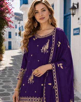 violet chinon semi stitched suit with embroidery & sequence work 2