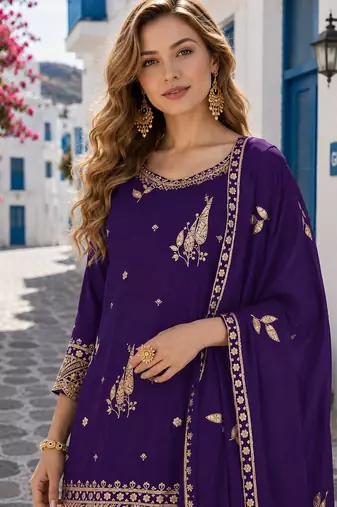 violet chinon semi stitched suit with embroidery & sequence work