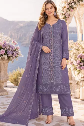 purple chiffon semi stitched suit with embroidery & sequence work