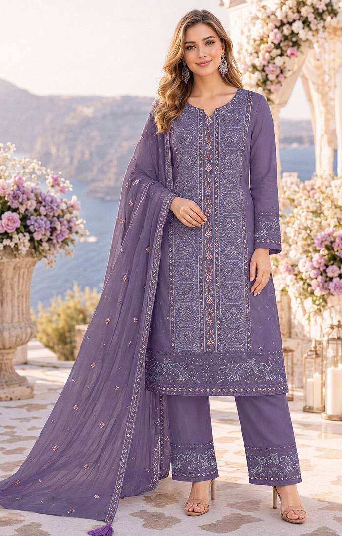 purple chiffon semi stitched suit with embroidery & sequence work