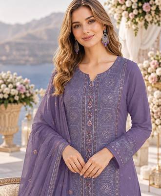 purple chiffon semi stitched suit with embroidery & sequence work 2