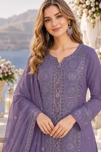 purple chiffon semi stitched suit with embroidery & sequence work