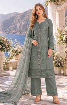 olive chiffon semi stitched suit with embroidery & sequence work 1