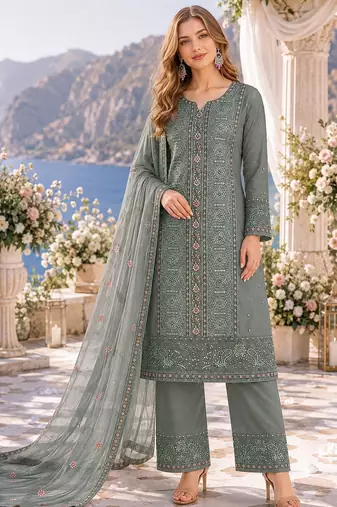 olive chiffon semi stitched suit with embroidery & sequence work
