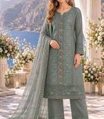 olive chiffon semi stitched suit with embroidery & sequence work
