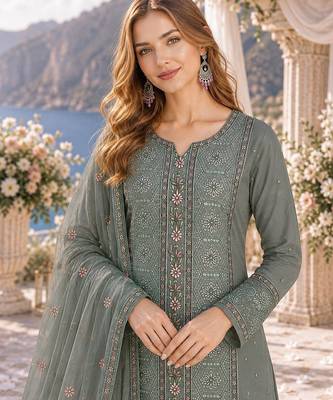 olive chiffon semi stitched suit with embroidery & sequence work 2