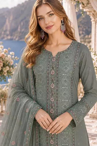 olive chiffon semi stitched suit with embroidery & sequence work