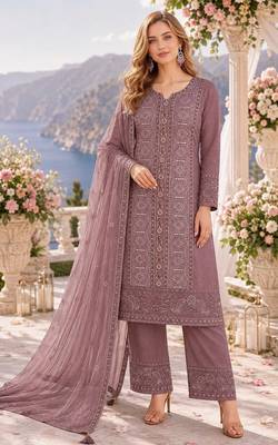 purple chiffon semi stitched suit with embroidery & sequence work 1
