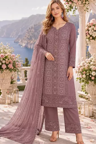 purple chiffon semi stitched suit with embroidery & sequence work