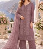 purple chiffon semi stitched suit with embroidery & sequence work