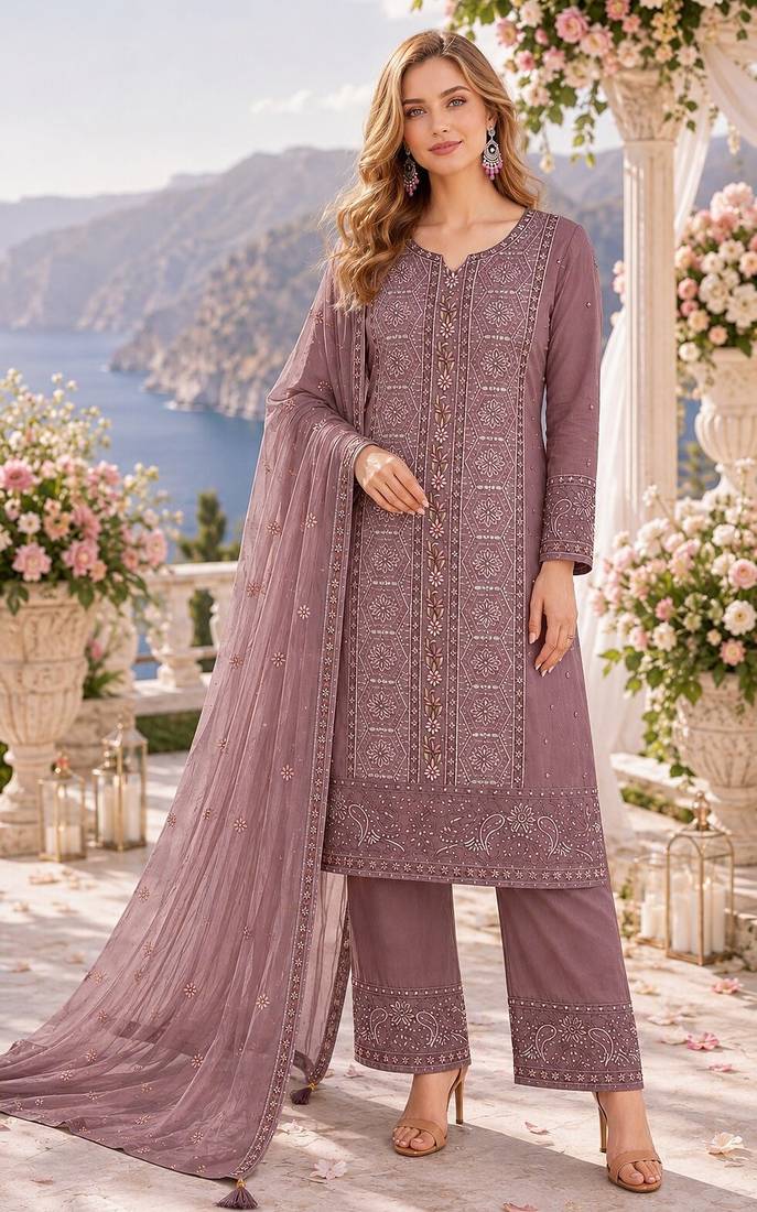 purple chiffon semi stitched suit with embroidery & sequence work