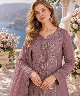 purple chiffon semi stitched suit with embroidery & sequence work 2