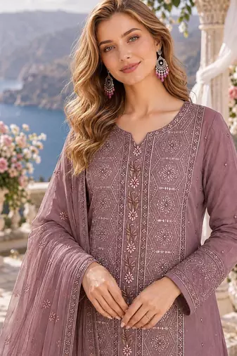 purple chiffon semi stitched suit with embroidery & sequence work
