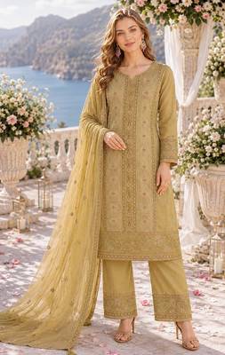 yellow chiffon semi stitched suit with embroidery & sequence work 1