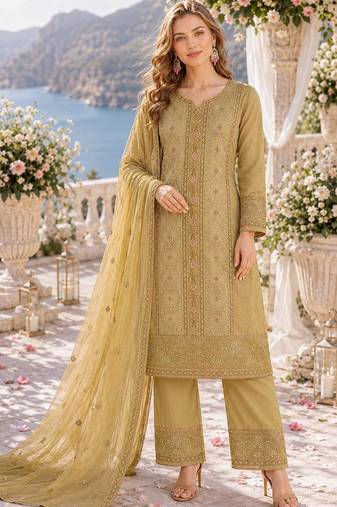 yellow chiffon semi stitched suit with embroidery & sequence work