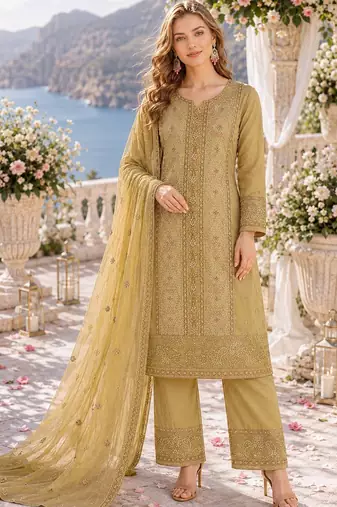 yellow chiffon semi stitched suit with embroidery & sequence work