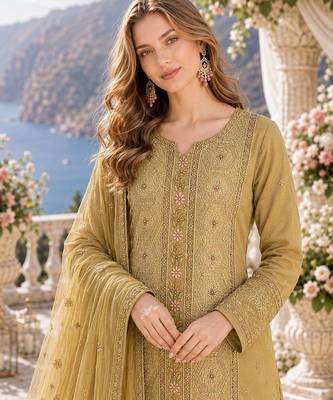 yellow chiffon semi stitched suit with embroidery & sequence work 2