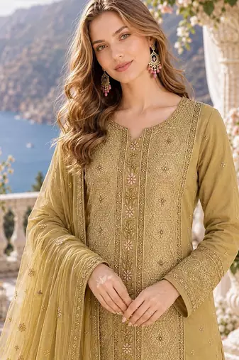 yellow chiffon semi stitched suit with embroidery & sequence work