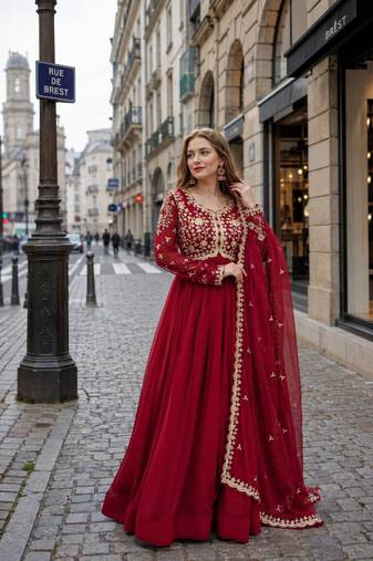 red georgette readymade anarkali suit with embroidery & sequence work