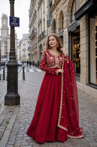 red georgette readymade anarkali suit with embroidery & sequence work
