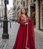 red georgette readymade anarkali suit with embroidery & sequence work