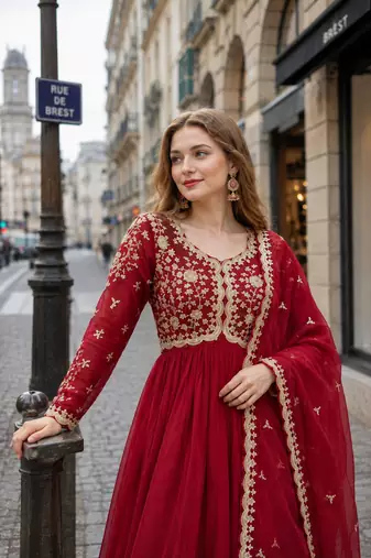 red georgette readymade anarkali suit with embroidery & sequence work