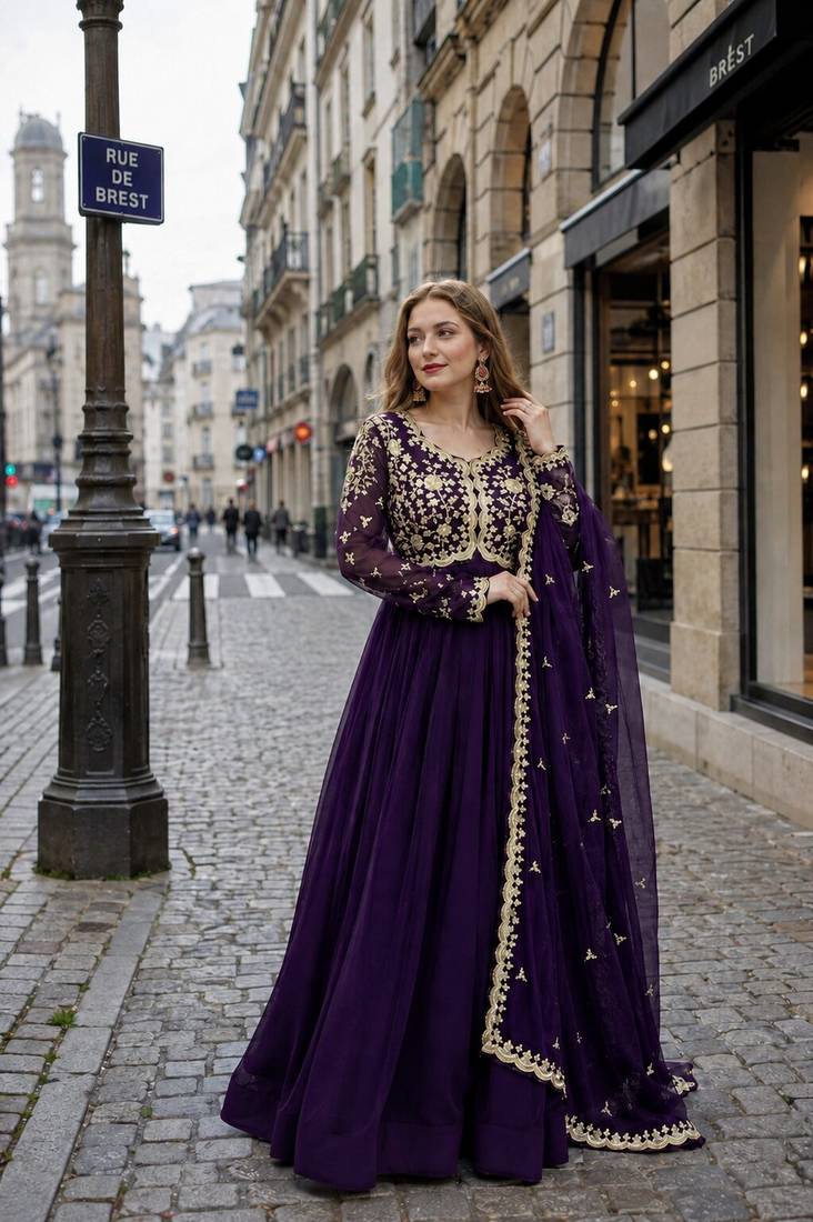 violet georgette readymade anarkali suit with embroidery & sequence work