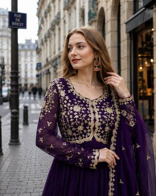 violet georgette readymade anarkali suit with embroidery & sequence work 2
