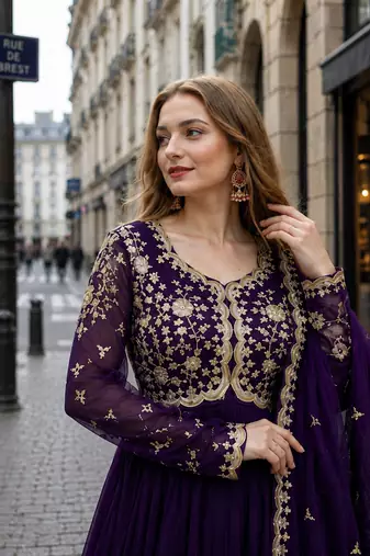 violet georgette readymade anarkali suit with embroidery & sequence work