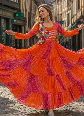 orange georgette readymade navratri anarkali with leheriya & kutchi patchwork 1