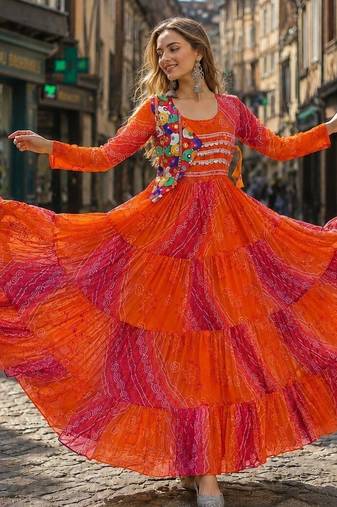 orange georgette readymade navratri anarkali with leheriya & kutchi patchwork