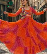 orange georgette readymade navratri anarkali with leheriya & kutchi patchwork