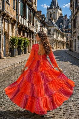 orange georgette readymade navratri anarkali with leheriya & kutchi patchwork 2