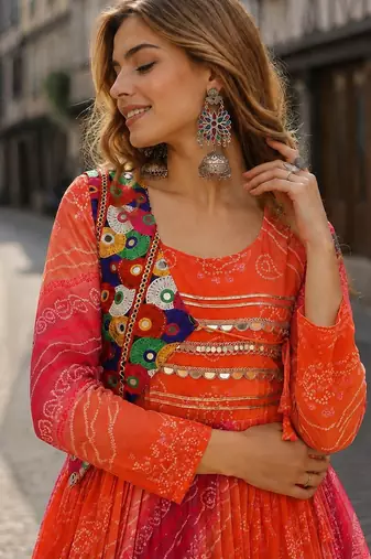 orange georgette readymade navratri anarkali with leheriya & kutchi patchwork