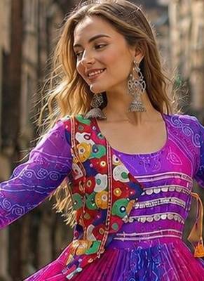 blue georgette readymade navratri anarkali with leheriya & kutchi patchwork 2