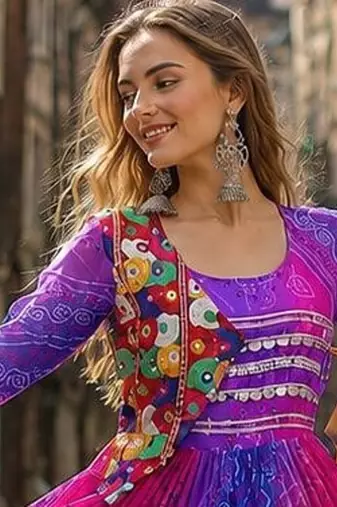 blue georgette readymade navratri anarkali with leheriya & kutchi patchwork