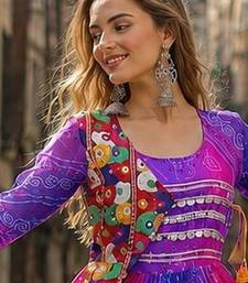 blue georgette readymade navratri anarkali with leheriya & kutchi patchwork