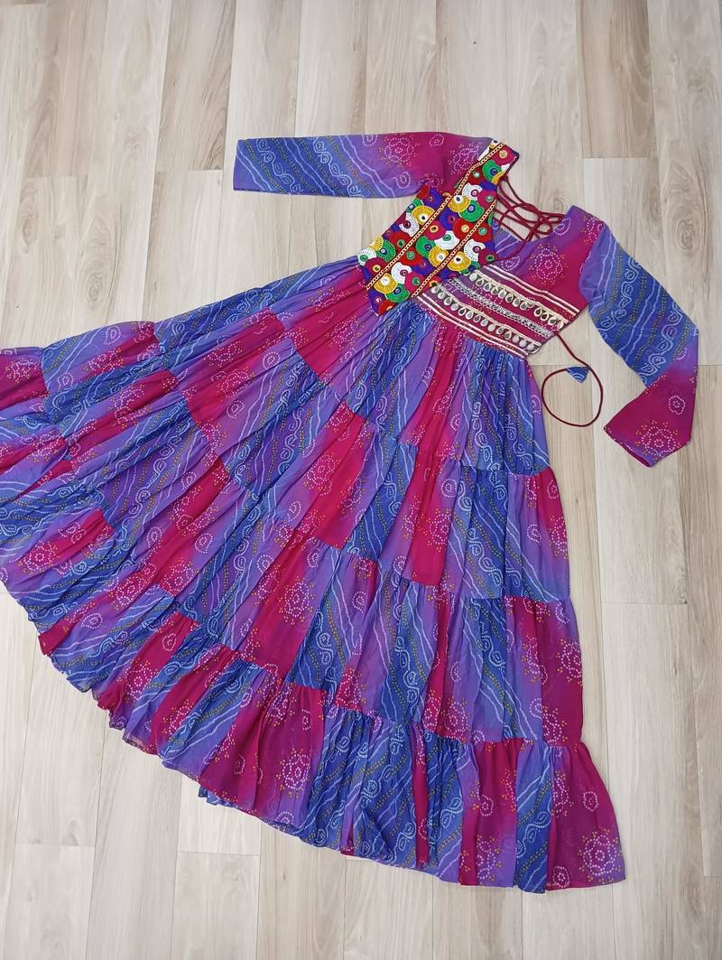 blue georgette readymade navratri anarkali with leheriya & kutchi patchwork
