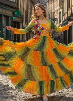 yellow georgette readymade navratri anarkali with leheriya & kutchi patchwork 1