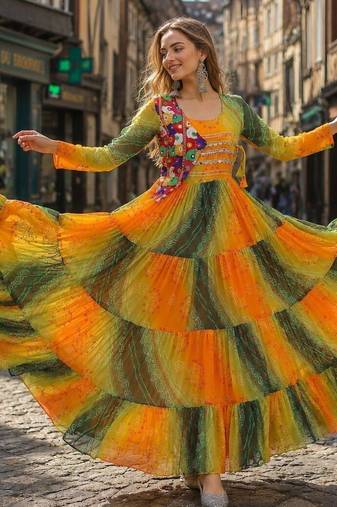 yellow georgette readymade navratri anarkali with leheriya & kutchi patchwork