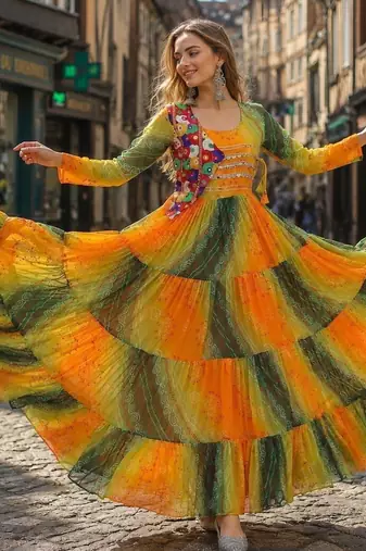 yellow georgette readymade navratri anarkali with leheriya & kutchi patchwork