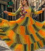 yellow georgette readymade navratri anarkali with leheriya & kutchi patchwork