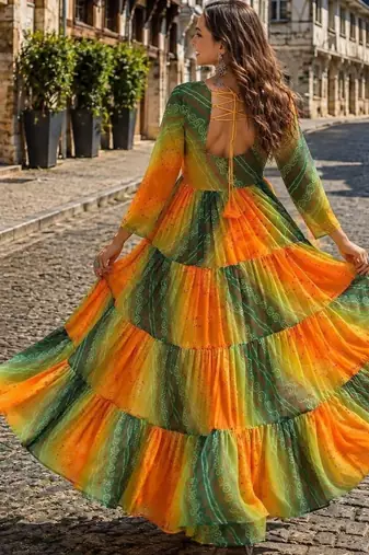 yellow georgette readymade navratri anarkali with leheriya & kutchi patchwork