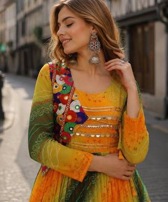 yellow georgette readymade navratri anarkali with leheriya & kutchi patchwork 3