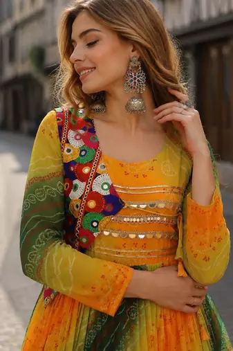 yellow georgette readymade navratri anarkali with leheriya & kutchi patchwork